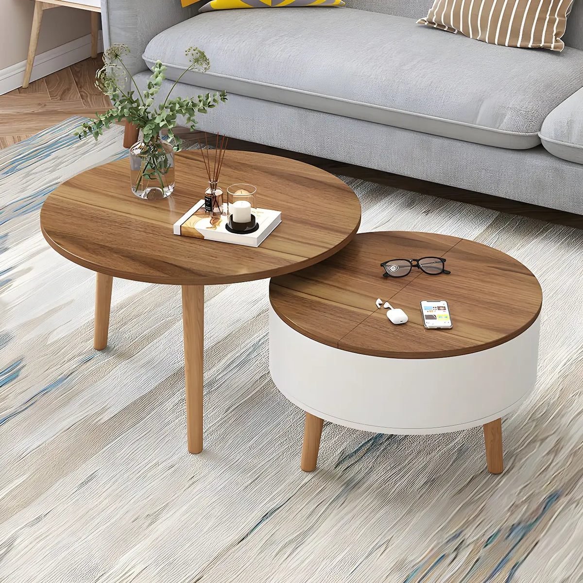 Schwarz Weiß Moderner Runder Couchtisch aus Holz mit Stauraum