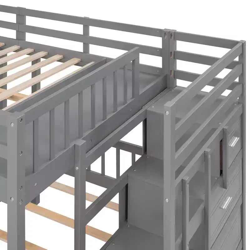 Whisen Etagenbett mit Doppelbett oben und zwei Einzelbetten unten, dreifaches Etagenbett aus Holz mit Schubladen und Schutzgittern