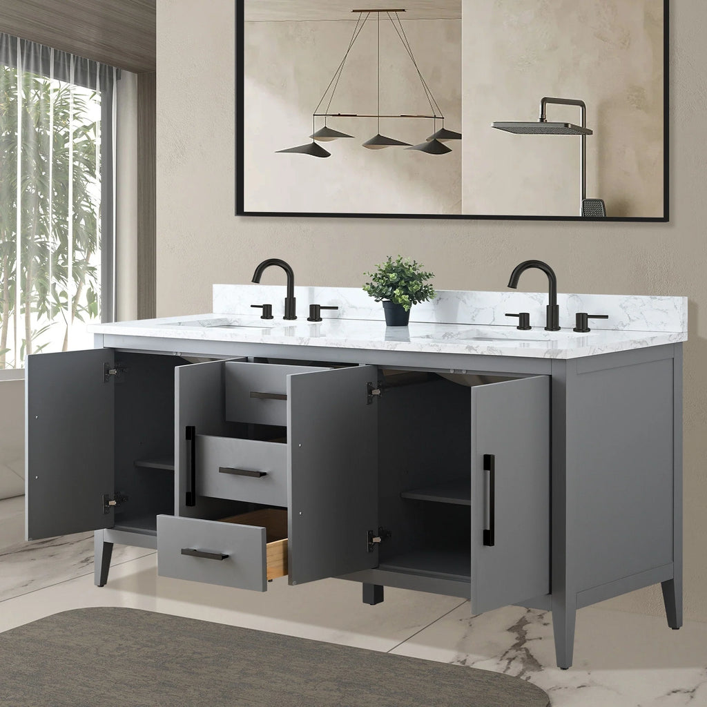 Vanity Art 72 Zoll Badezimmer-Waschtischunterschrank mit Doppelwaschbecken und Kunstmarmorplatte