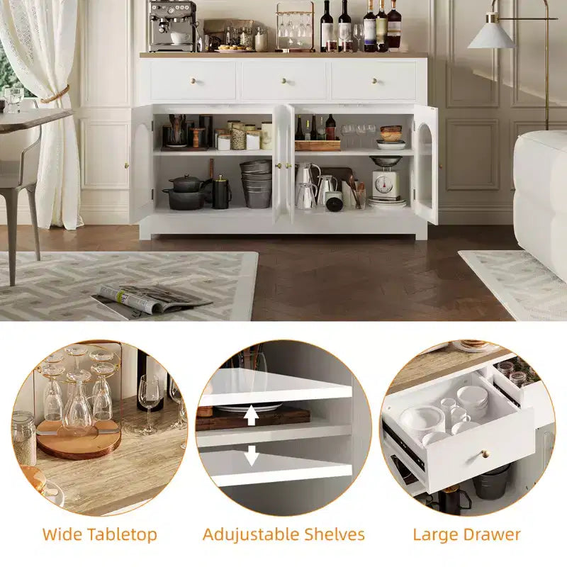 55 Zoll großer Vorratsschrank, schmales Buffet-Sideboard mit 3 Schubladen und 4 Türen für Küche, Esszimmer, Wohnzimmer