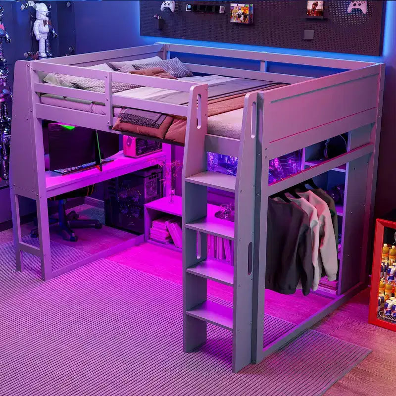 Whisen Wood Gaming-Hochbett (Twin Size) mit Schreibtisch, mehreren Ablagefächern, LED-Beleuchtung und einer Kleiderstange