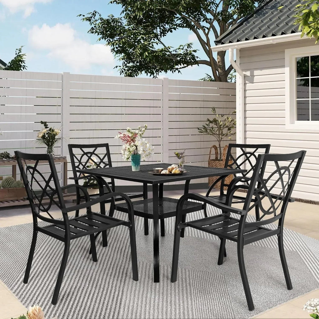 SUNCROWN Garten-Essgruppe 5/7-teilig, Stahl, Tisch mit Metalllatten und stapelbaren Stühlen, pulverbeschichteter Rahmen