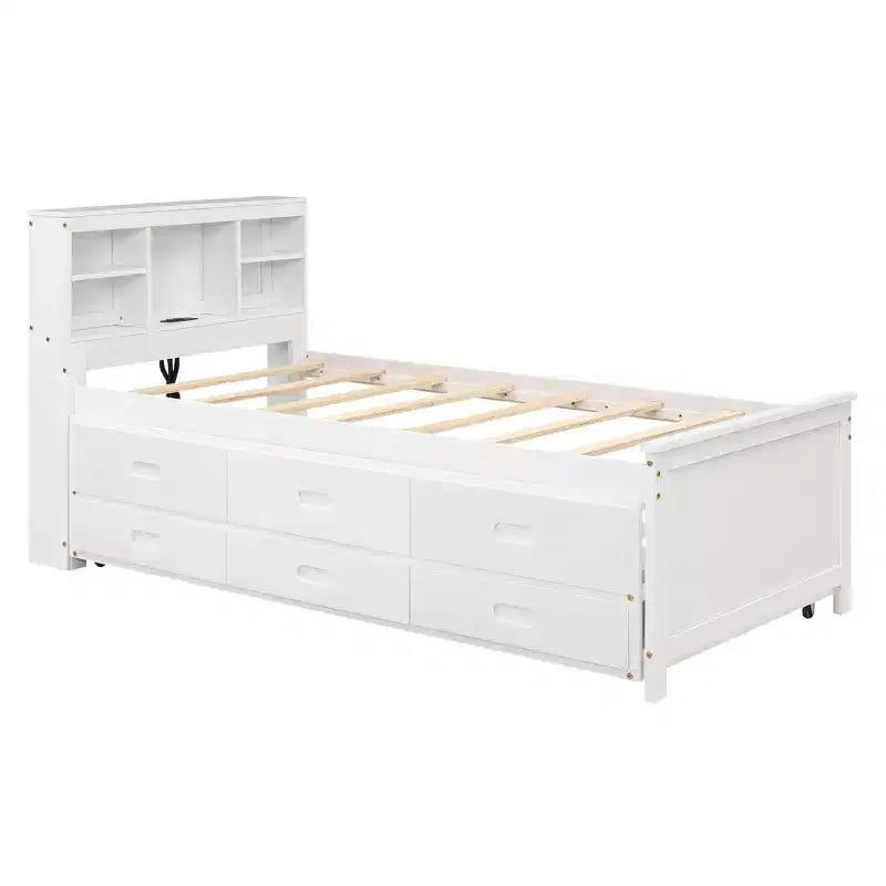 Plattformbett mit Rollbett und Schubladen, Stauraumbett mit USB-Anschluss, Holzbett mit Bücherregal