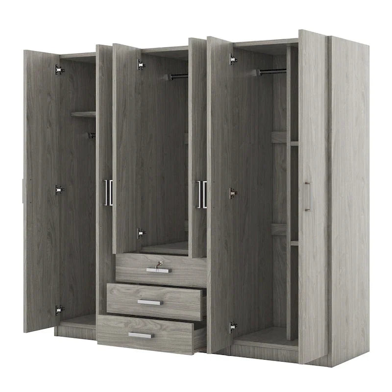 6-türiger Holz-Kleiderschrank mit 3 großen Schubladen für das Schlafzimmer