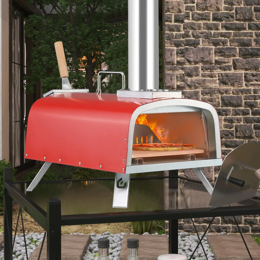 Multi-Brennstoff Outdoor Pizzaofen Steinbackofen mit Gasbrenner & Holzfach - 30 cm