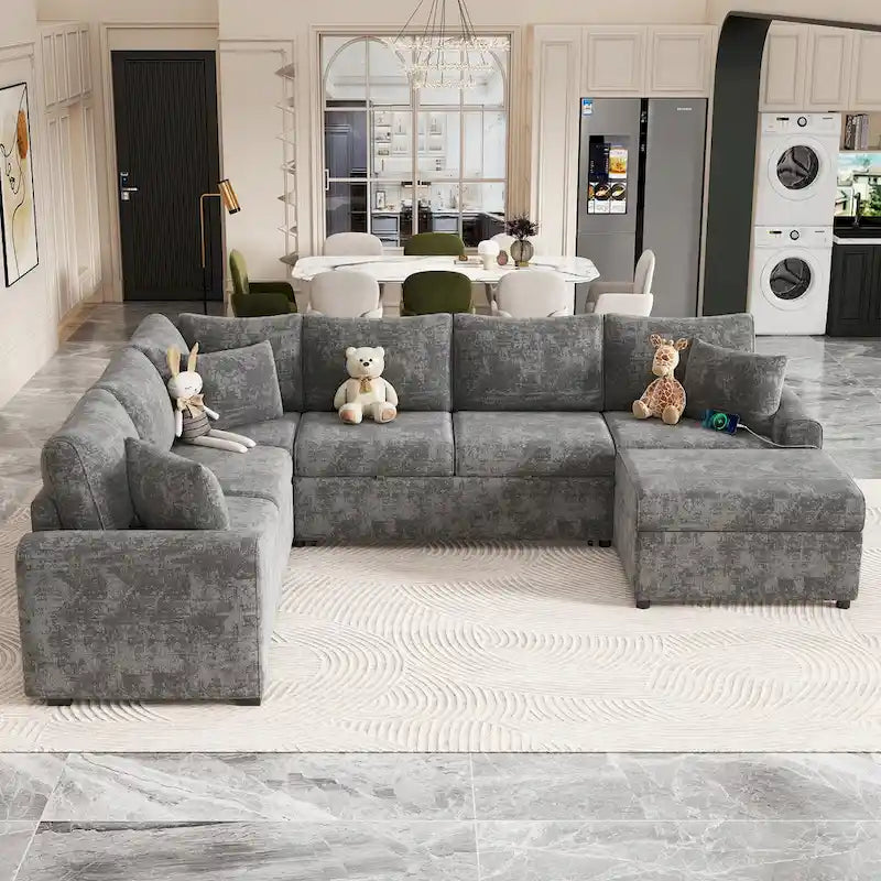Chenille Ecksofa mit Ausziehfunktion, L-förmiges Schlafsofa mit Stauraum-Ottomane, 3 Kissen und Ladevorrichtungen