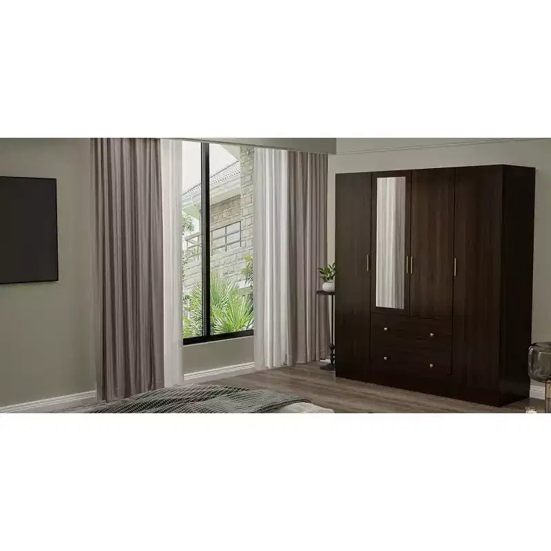 Hitow Kleiderschrank 2 große Schubladen, mittiger Hängeplatz mit Spiegel, minimalistischer Stil