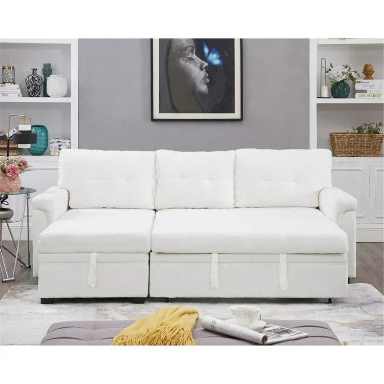 Verwandelbares, umbaubares Ecksofa mit ausziehbarem Schlafsofa, versteckter Aufbewahrung in der Récamiere und robusten Beinen