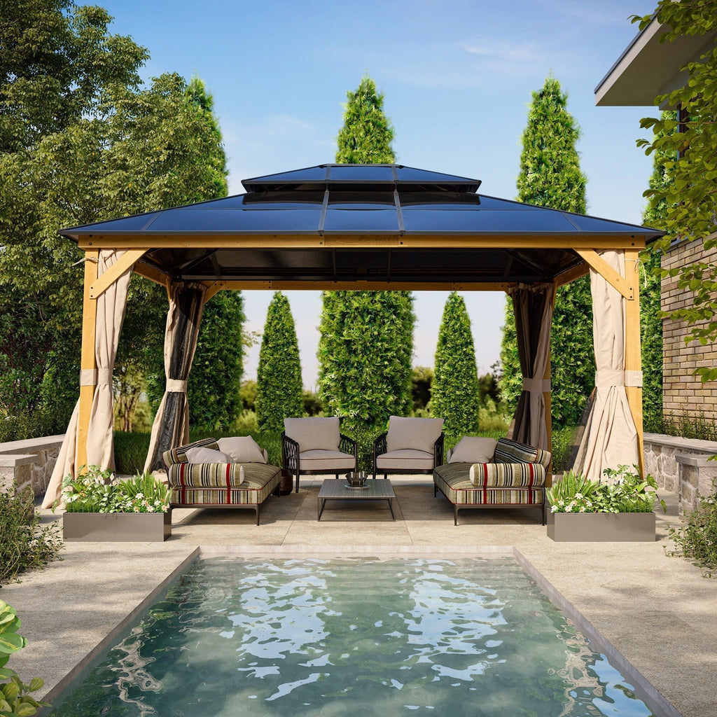 EROMMY Hardtop-Pavillon, Outdoor-Pergola mit Doppeldach & Netzen & Vorhängen, Hochleistungs-Canopy für Terrasse, Garten, Poolparty