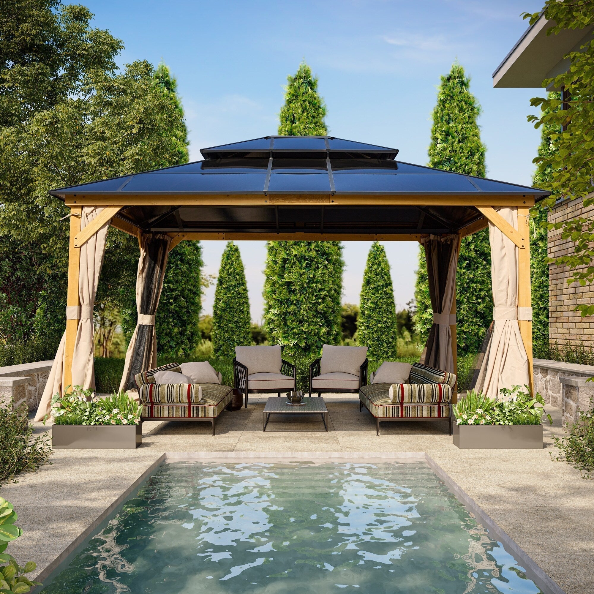 EROMMY Hardtop-Pavillon, Outdoor-Pergola mit Doppeldach & Netzen & Vorhängen, Hochleistungs-Canopy für Terrasse, Garten, Poolparty