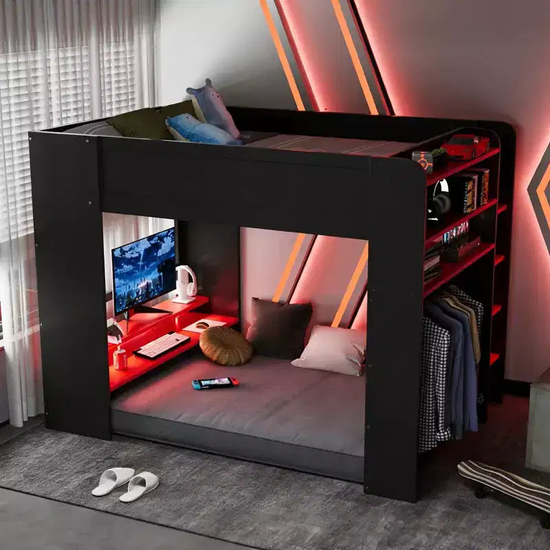 Luxystar Hochbett in voller Größe mit beleuchtetem, verstellbarem Schreibtisch, offenem Kleiderschrank und Bücherregal