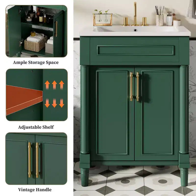 24-Zoll-Badezimmerwaschtisch mit Keramikwaschbecken, Shaker-Schrank, 2 Soft-Close-Türen, Massivholzrahmen für kleines Bad oder Gästetoilette