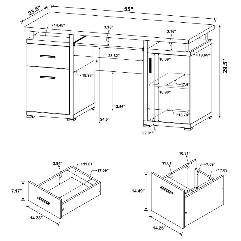 TUYOHW 55 Holzschreibtisch, Büroschreibtisch mit 2 Schubladen, 1 Schrank, 1 offenem Regal, 1 Tür, Arbeitstisch für Heimbüro, Arbeitszimmer, kleine Räume