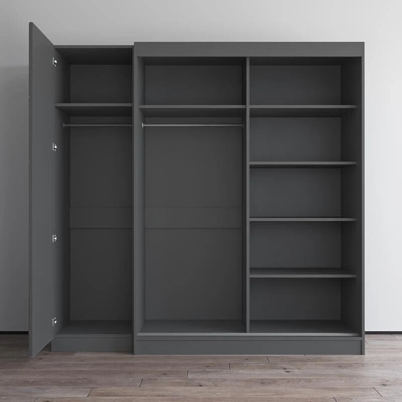 2-türiger Kleiderschrank mit Spiegel, Glasfront, 2-Personen (Grau / Schwarz / Weiß)