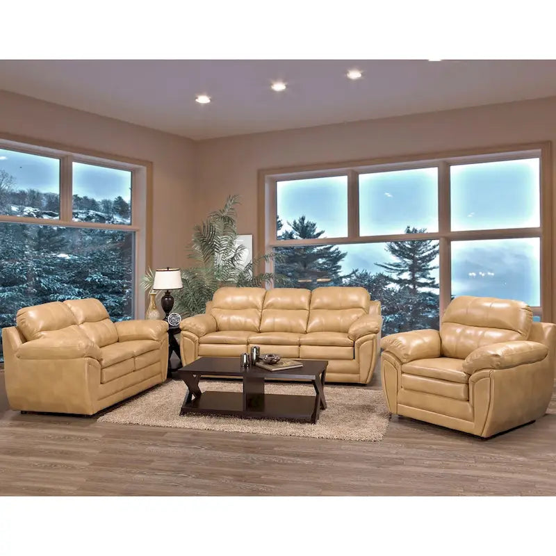 Simon Hellbraun-braunes Ledergel-Sofa, Loveseat und Sessel-Set