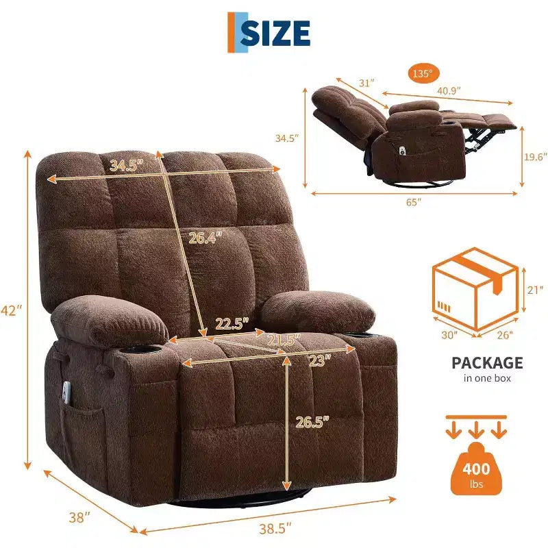 Übergroßer Relaxsessel für Erwachsene, Manueller Dreh-Schaukelsofa, Seitentaschen & Getränkehalter für Große und Schwergewichtige, Wohnzimmer