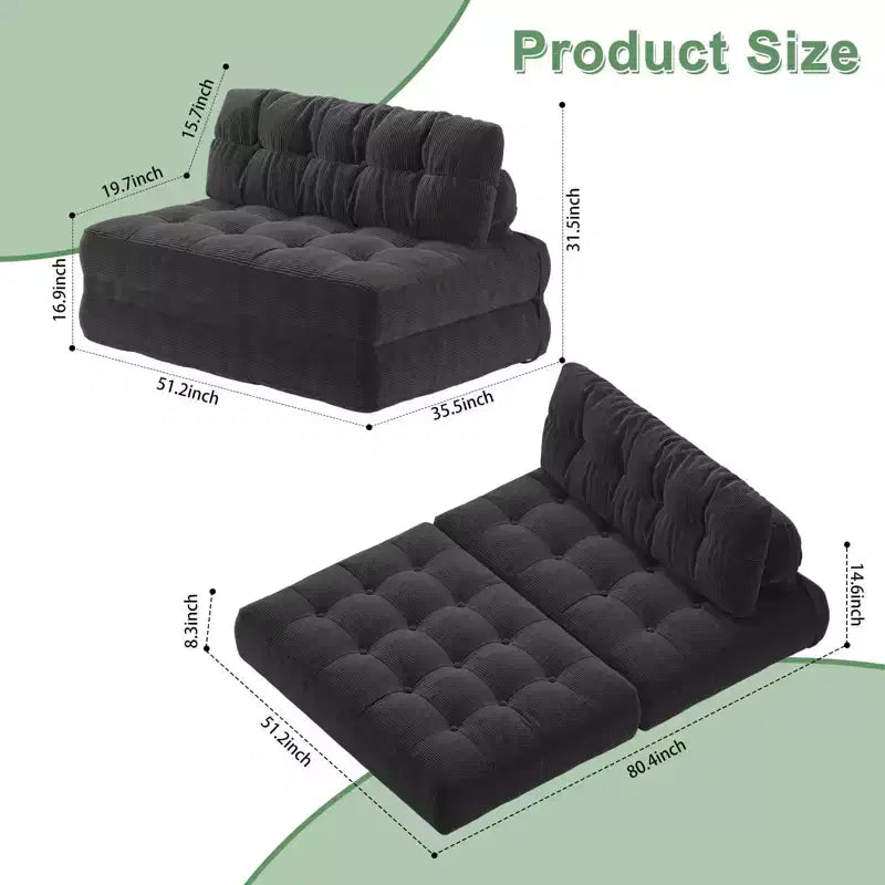 Klappbares Cord-Schlafsofa Futon, wandelbarer Bodenschlafsessel mit Kissen & Rückenlehne