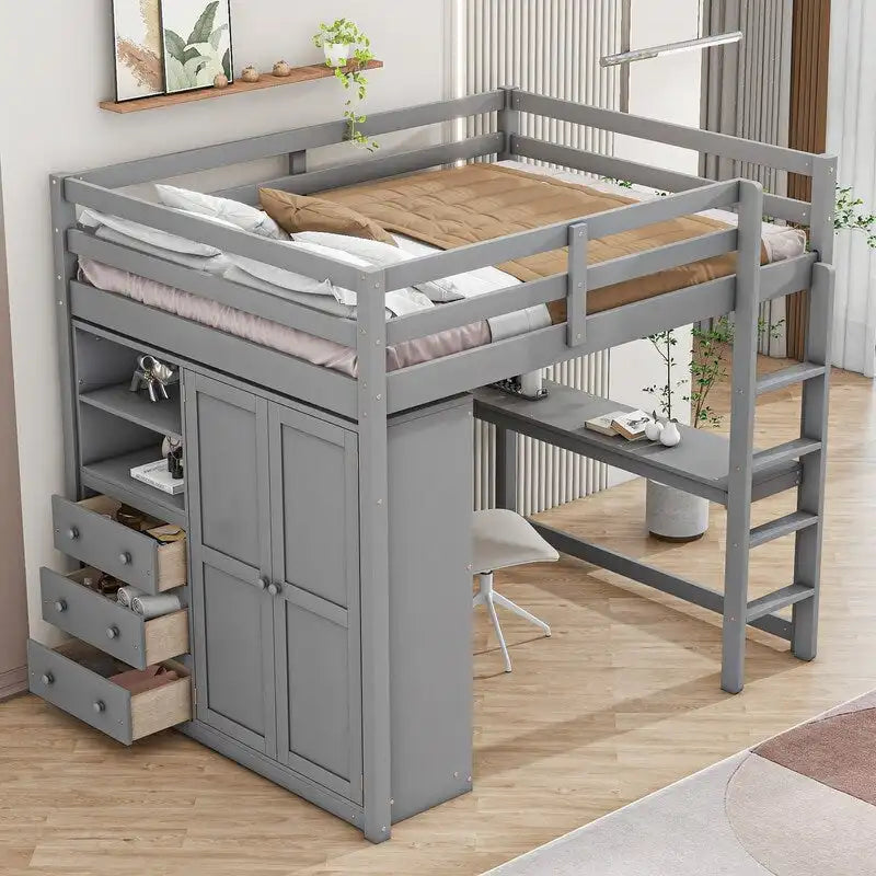 Vollholz-Hochbett mit integriertem Kleiderschrank, Schreibtisch, Ablagefächern und Schubladen