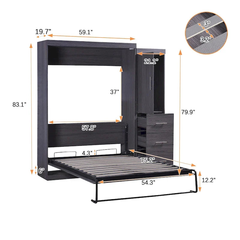 Graues klappbares Schrankbett mit Kleiderschrank & 3 Schubladen, Full/Twin, 1-Personen