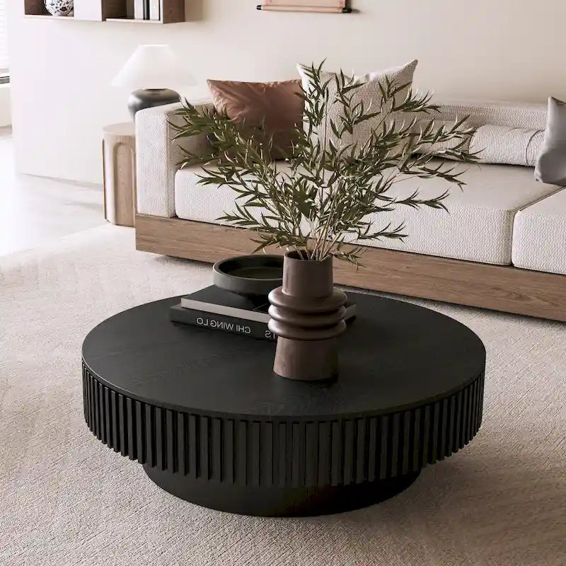 Moderner runder Couch-/Teetisch aus massivholzfurniertem Holz mit Stauraum