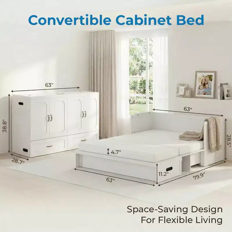 Mjkone Queen-Size-Schrankbett mit Matratze, USB-Ladeanschluss und Aufbewahrungsschubladen