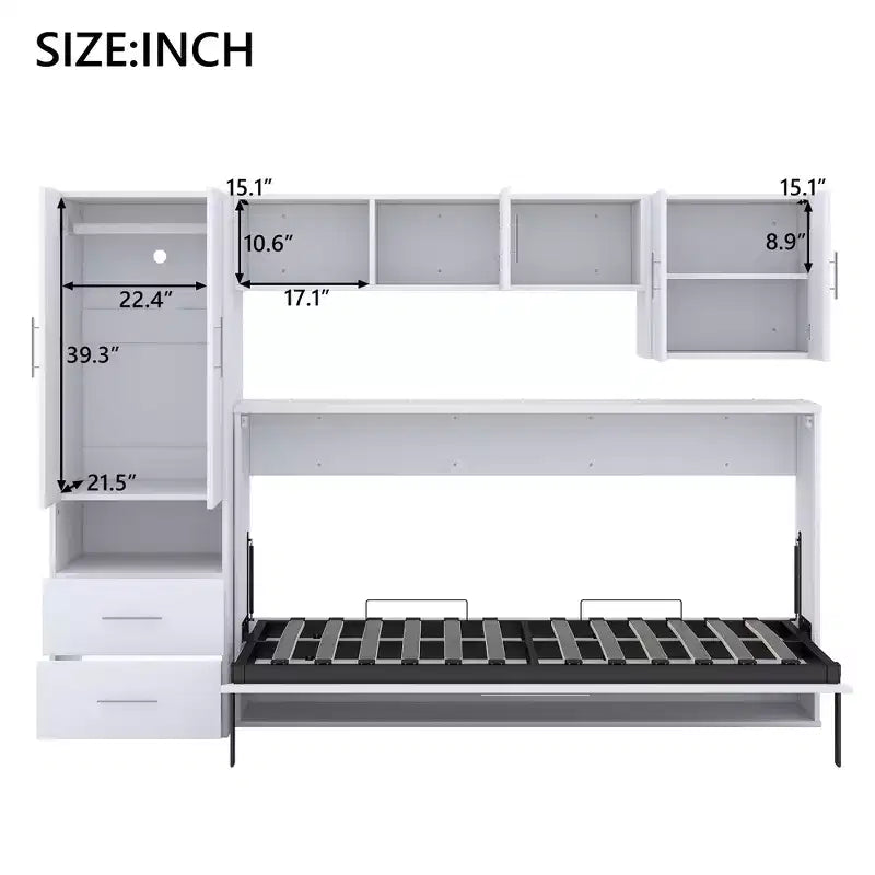 Murphy-Bettrahmen in Einzelbettgröße, Holzschrankbett mit integriertem Kleiderschrank, Aufbewahrungsschubladen und offenen Regalen, Weiß – ModernLuxe