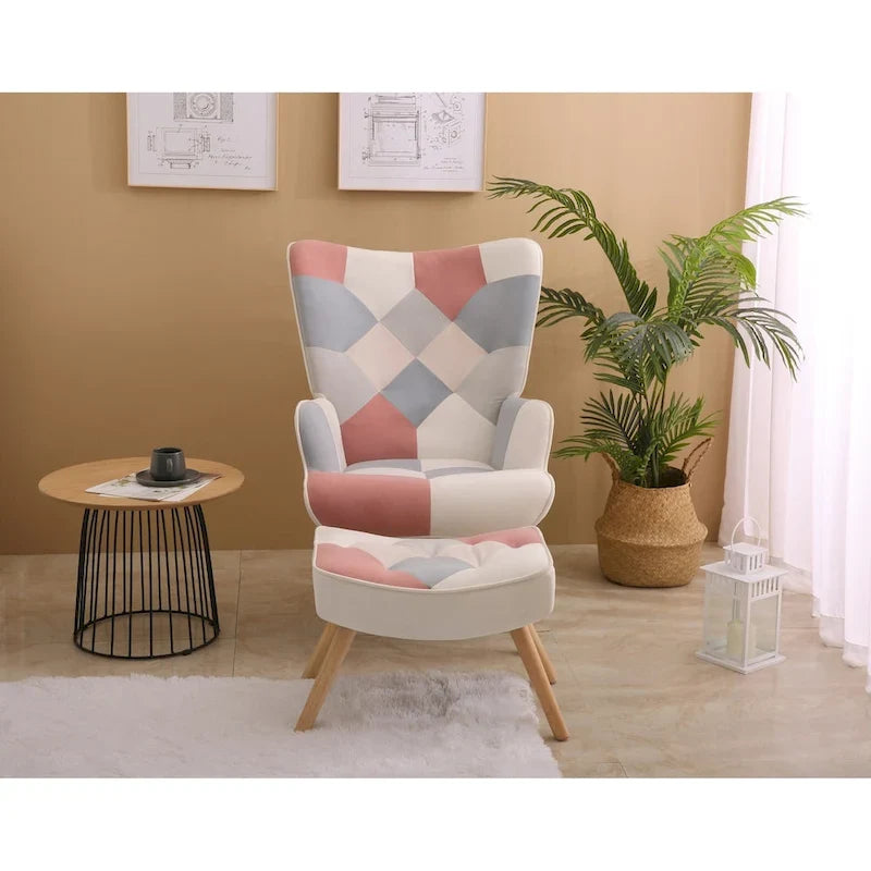 Akzentsessel mit Ottoman, Wohnzimmersessel und Ottomane Set, Bequemer Seitenlehnsessel für Schlafzimmer, Kreative Spleiß-Stoffoberfläche