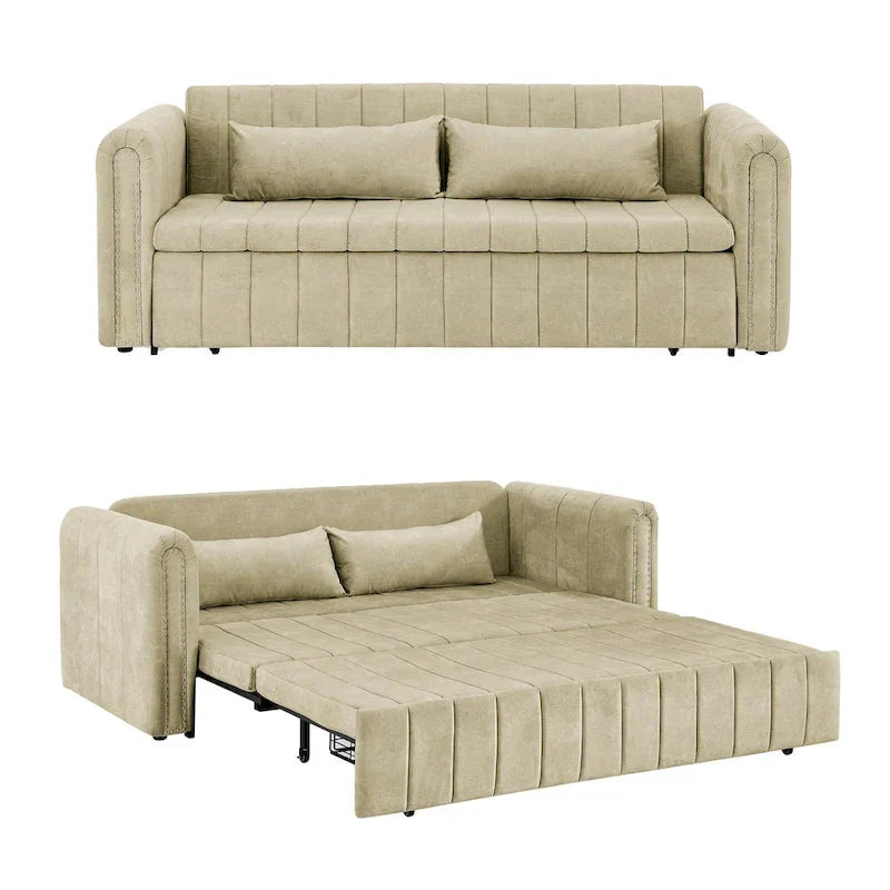 Modernes Schlafsofa aus Samt mit Rollarmen, verziert mit Kupfernägeln