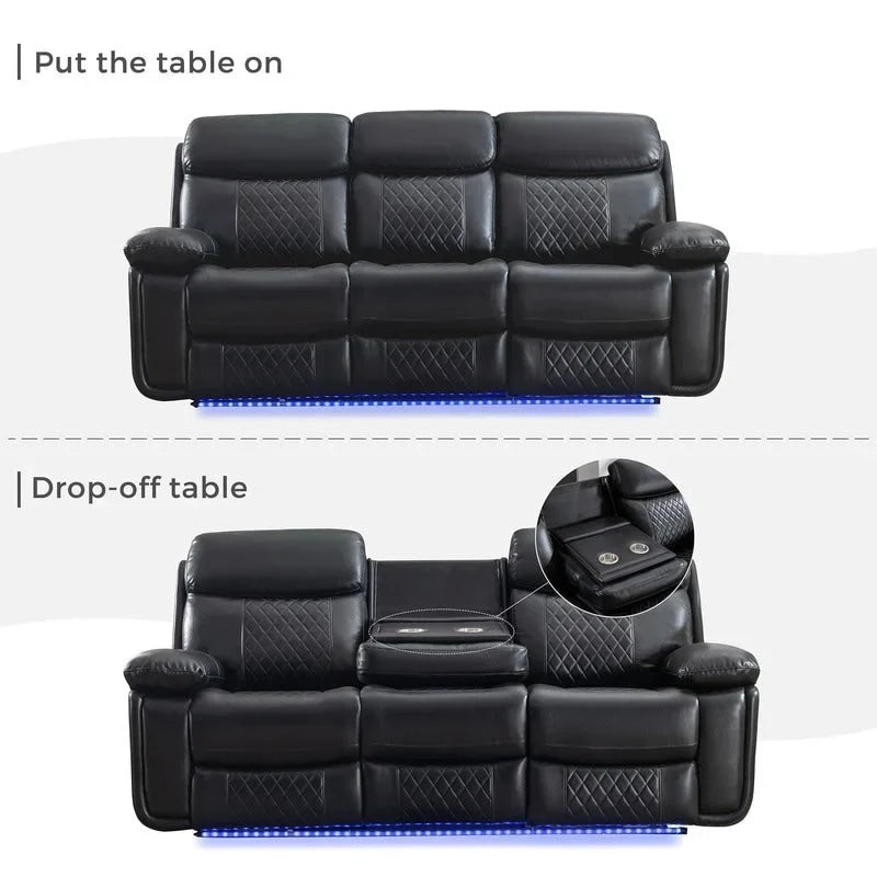 Elektrisches Liegesofa mit kabelloser Ladestation, Leselampe, LED-Beleuchtung für Wohnzimmer, Kunstleder, AC-/USB-Anschluss, Getränkehalter, Schwarz