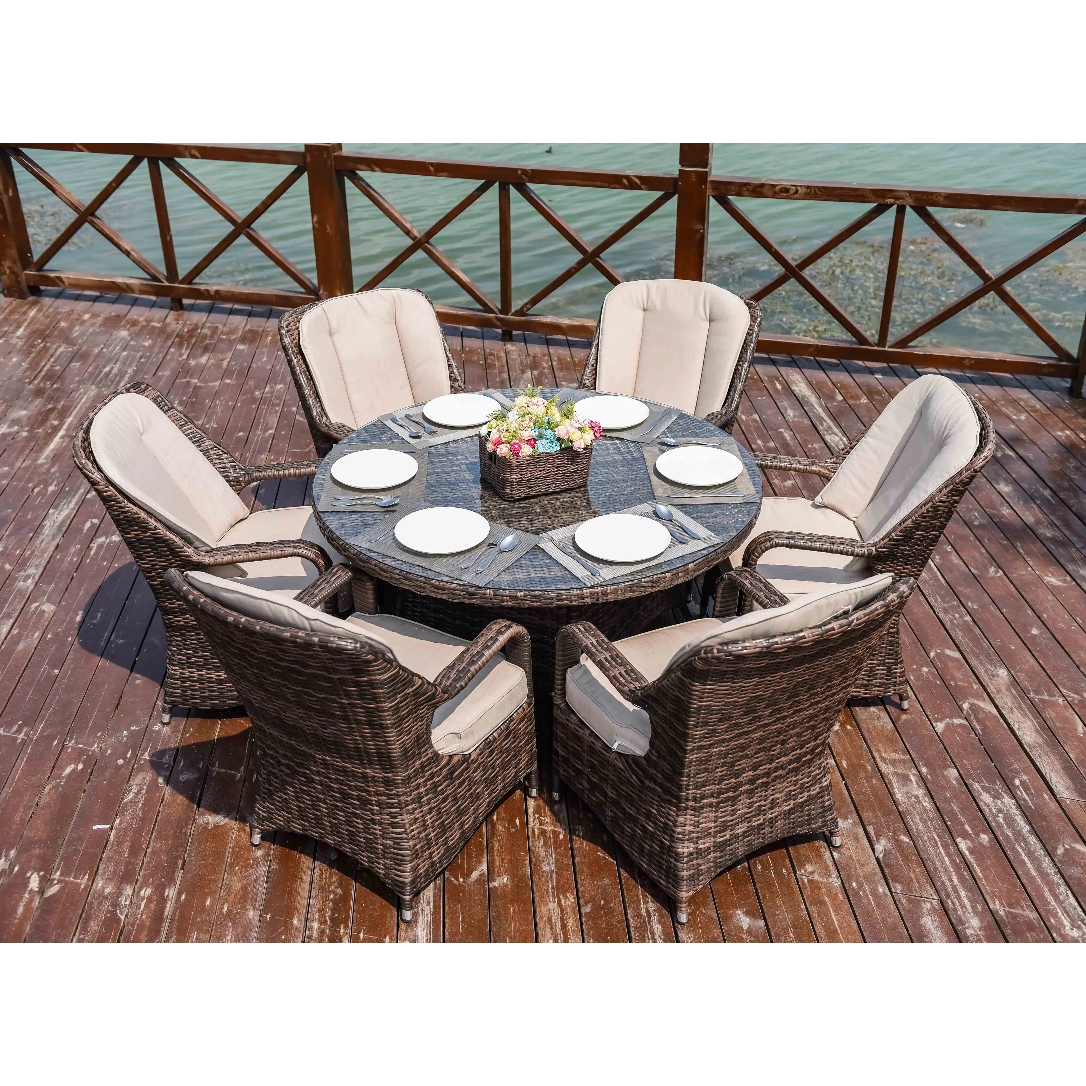 7-teiliges Garten-Essgruppe aus Rattan mit runden Kissen von Moda Furnishings