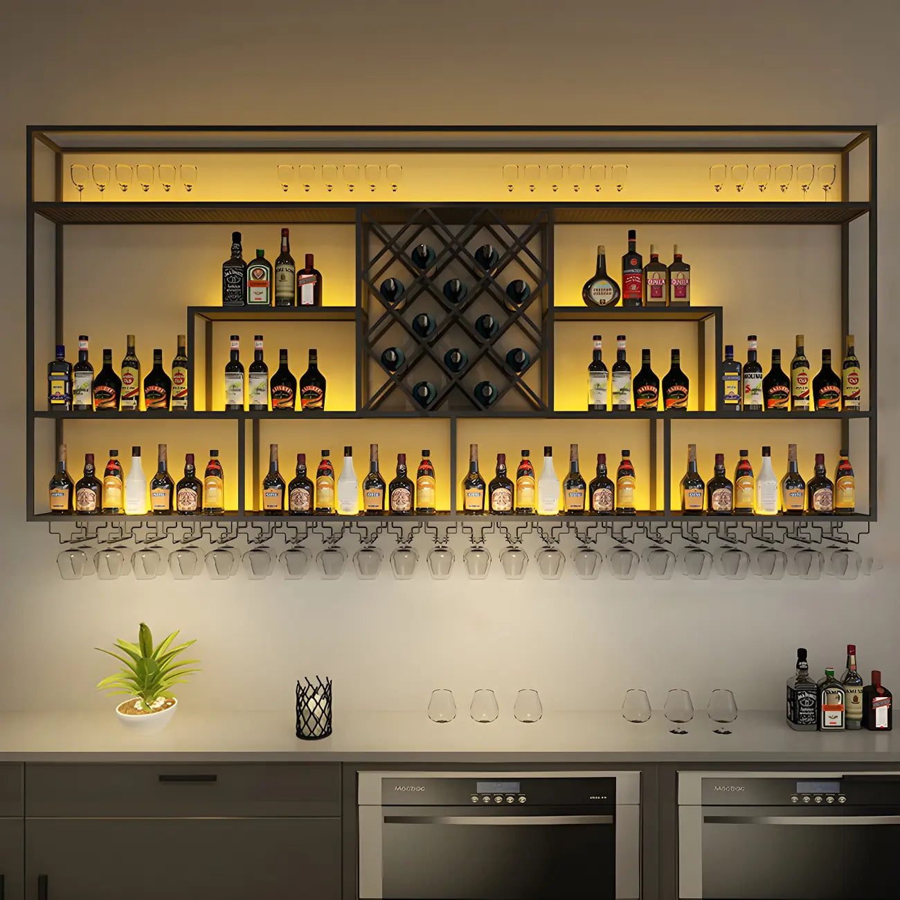 Rechteckiges Wand-Weinregal aus schwarzem Metall