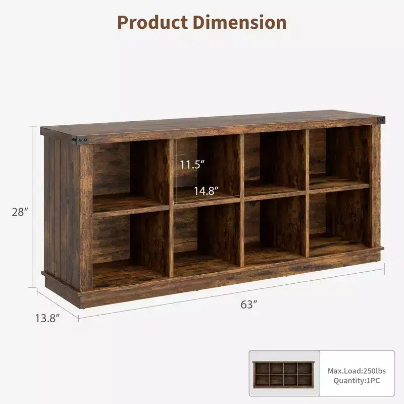 8 Würfelregal, Bücherregal im Landhausstil, 157,5 cm langes Holzregal für den Eingangsbereich, langes, niedriges Bücherregal für das Wohnzimmer