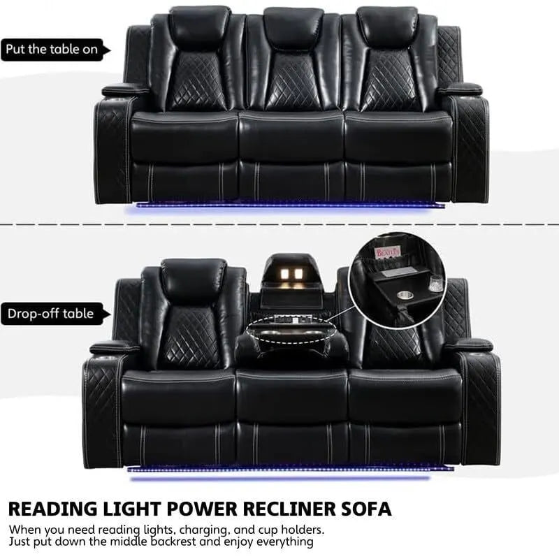 Elektrisches Relaxsofa mit kabellosem Ladegerät, Leselampe für das Wohnzimmer, Kunstleder-LED-Beleuchtung, AC/USB-Anschluss, Getränkehalter, Schwarz