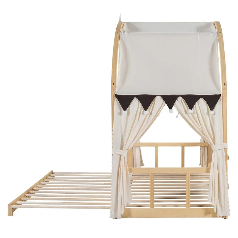Massivholz-Spielhaus-Plattformbett, Montessori-Bettrahmen mit gewölbtem Dach und Ausziehbett für Mädchen und Jungen