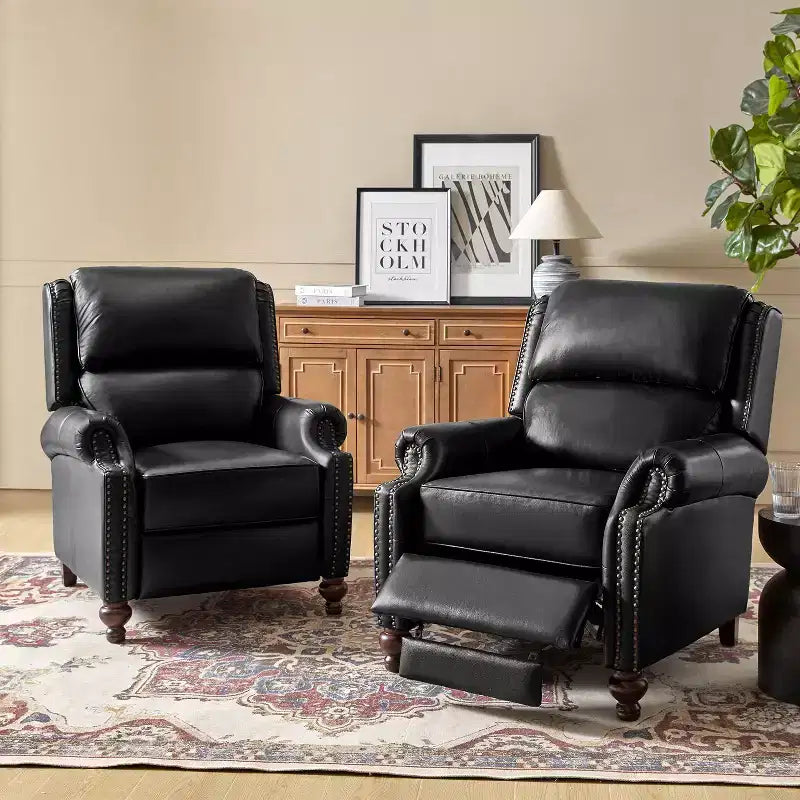2er-Set Elisabete Modern Wingback Echtleder-Liegesessel mit Vintage-Nagelkopfleiste für Wohn- und Schlafzimmer | ART OF LIVING DESIGNS