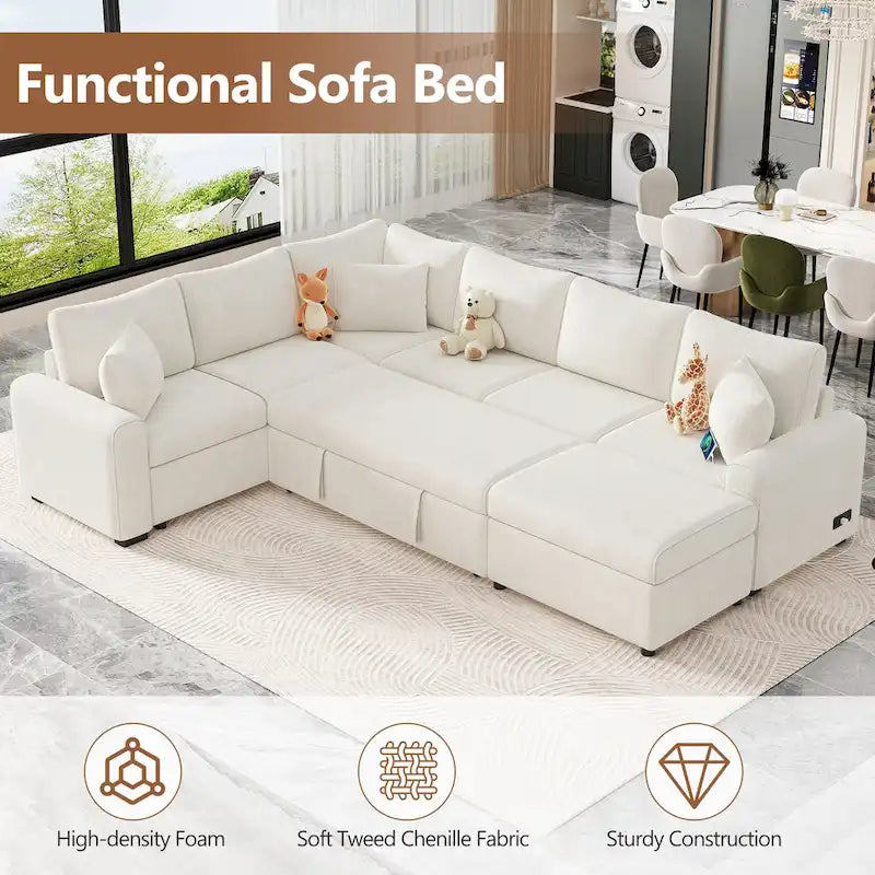 Chenille Ecksofa mit Ausziehfunktion, L-förmiges Schlafsofa mit Stauraum-Ottomane, 3 Kissen und Ladevorrichtungen