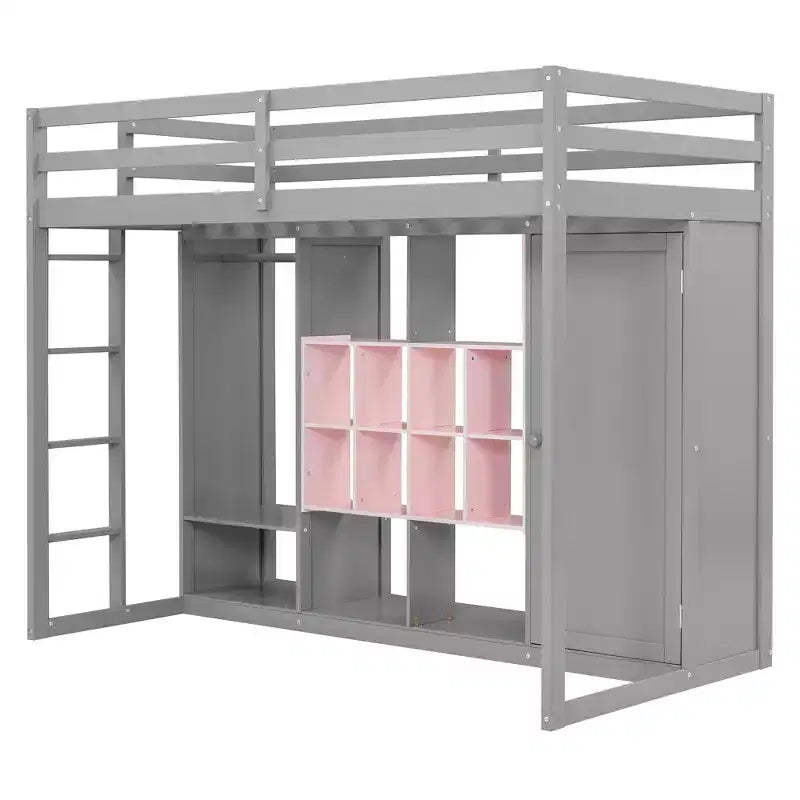 Hochbett für Kinder mit Kleiderschrank und Regalen, Holz-Hochbettgestell mit Aufbewahrungsschrank für Kinder und Jugendliche