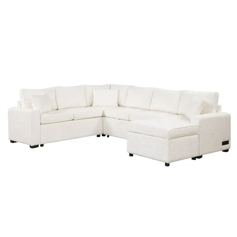 Chenille Ecksofa mit Ausziehfunktion, L-förmiges Schlafsofa mit Stauraum-Ottomane, 3 Kissen und Ladevorrichtungen