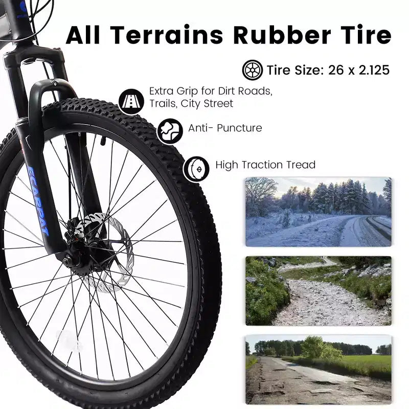 Okak 26-Zoll-Mountainbike mit Scheibenbremsen, 21-Gang-Erwachsenenfahrrad mit robustem Rahmen und doppelter Hinterradfederung, Fahrrad für Stadt- und Straßenfahrten