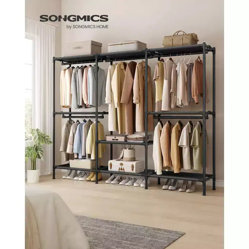 SONGMICS Kleiderständer, Schwerlast-Garderobenschrank-Organizer mit Kleiderstangen und Regalen, Gesamtbelastbarkeit 135 kg, einfache Montage, Tintenschwarz