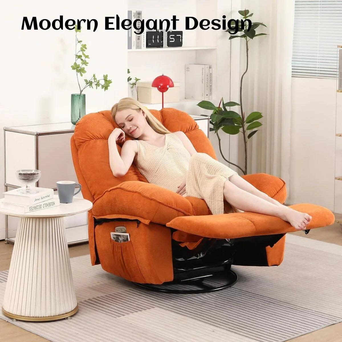XINMICS Drehbarer elektrischer Relaxsessel, Massage-Schaukel-Liegesessel mit Heizfunktion, USB, USB-C und Seitentasche