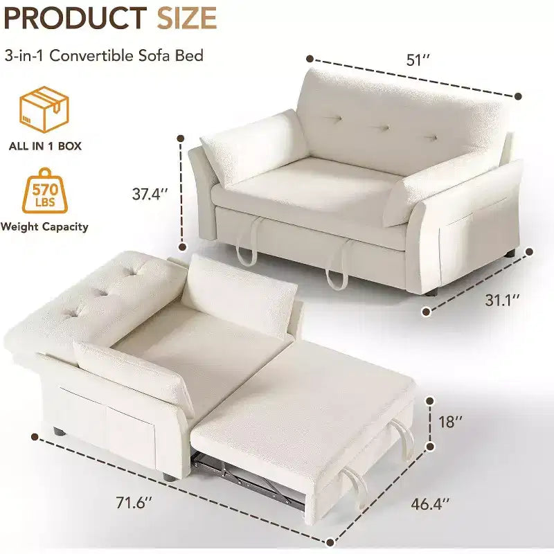Dyonery 3-in-1 Schlafsofa, ausziehbares Schlafsofa mit Seitentasche und verstellbarer Rückenlehne, werkzeuglose Montage, faltbares Liebessofa