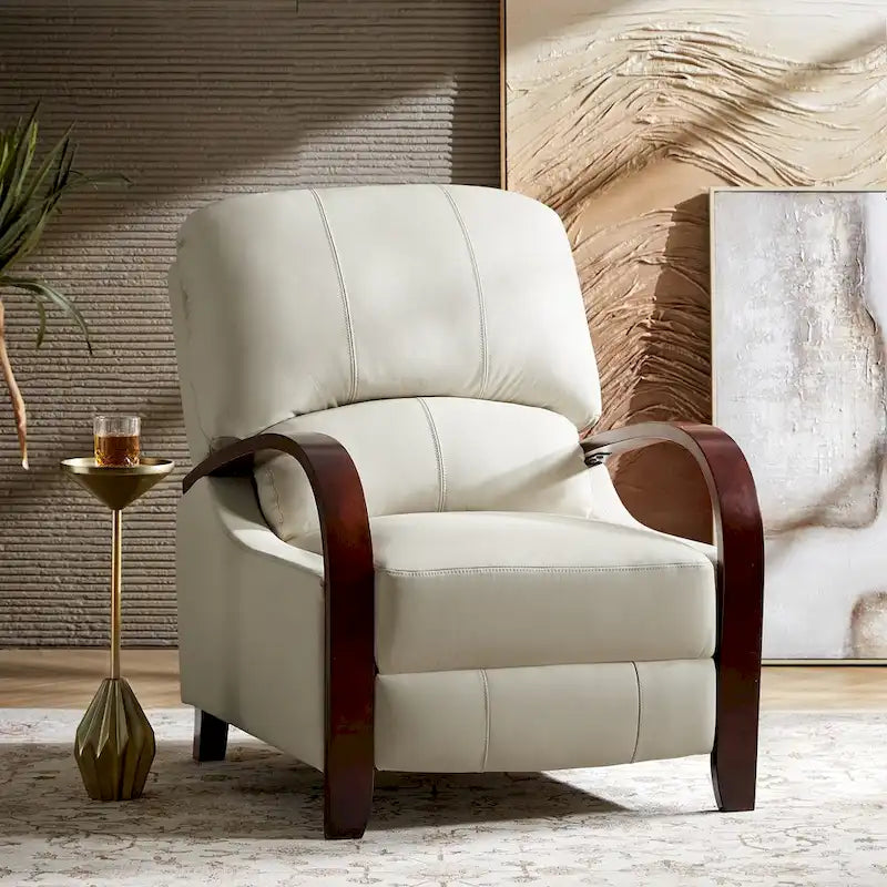 Alex Mid-Century Modern Zigarren-Sessel aus echtem Leder mit manueller Relaxfunktion und geschwungenen Holzarmlehnen