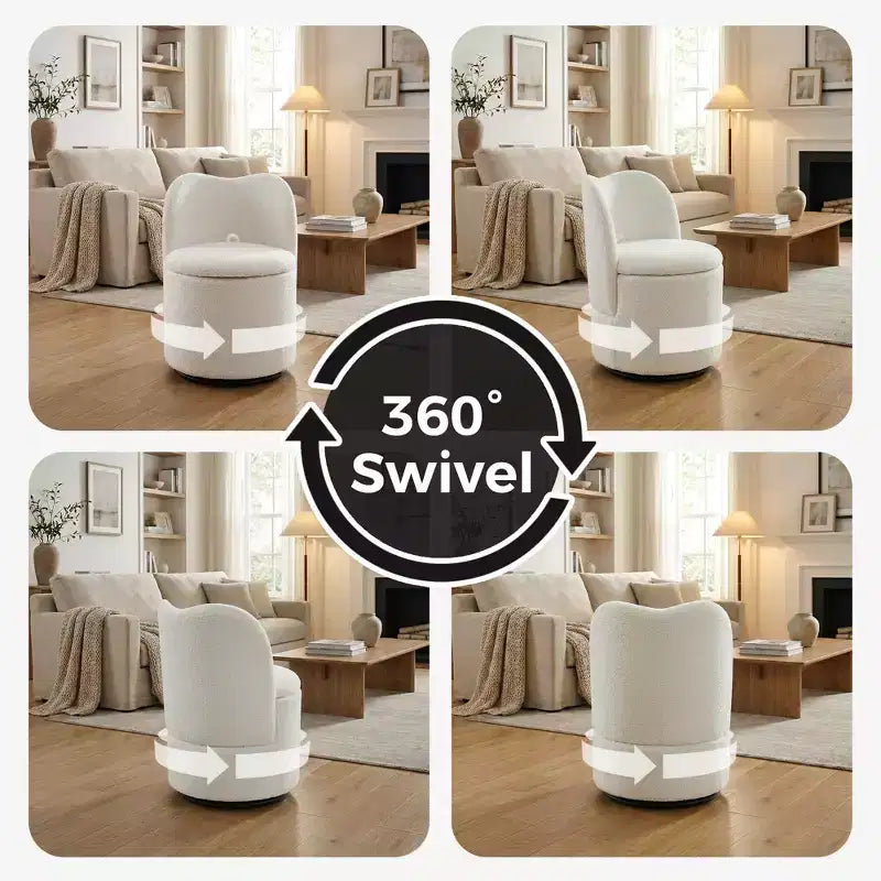 Drehbarer Schminkstuhl mit Stauraum, gepolsterter runder Make-up-Hocker mit Rückenlehne, weich gepolsterter Fass-Akzent-Sessel für Schlafzimmer und Wohnzimmer