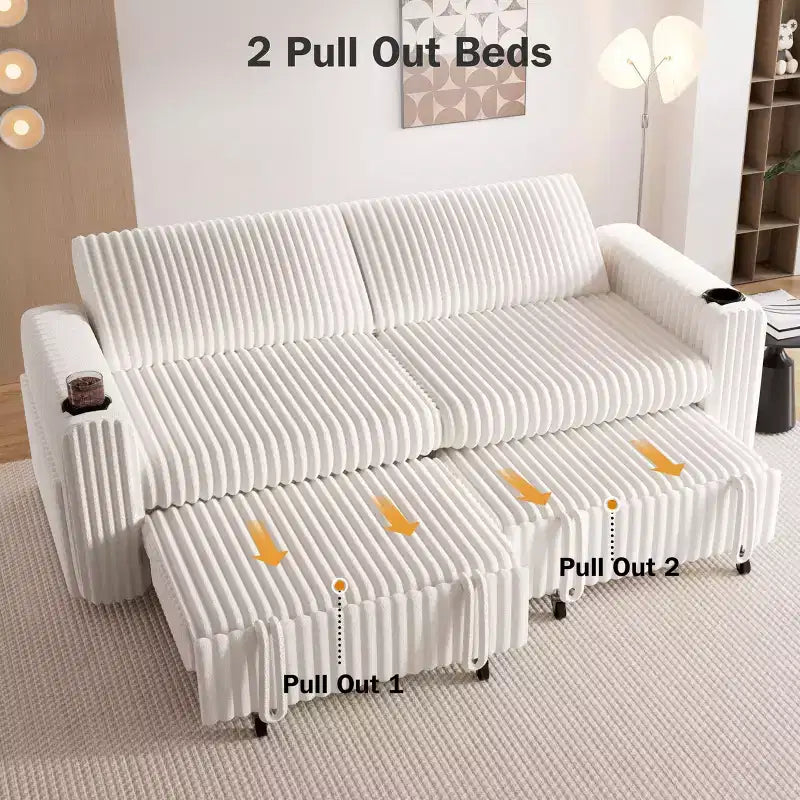 Dyonery 91 Sektional Schlafsofa mit Ausziehbett, verstellbarer Rückenlehne/zwei Ausziehbetten/USB-Anschlüssen/Getränkehaltern, Plüsch-Kordbezug
