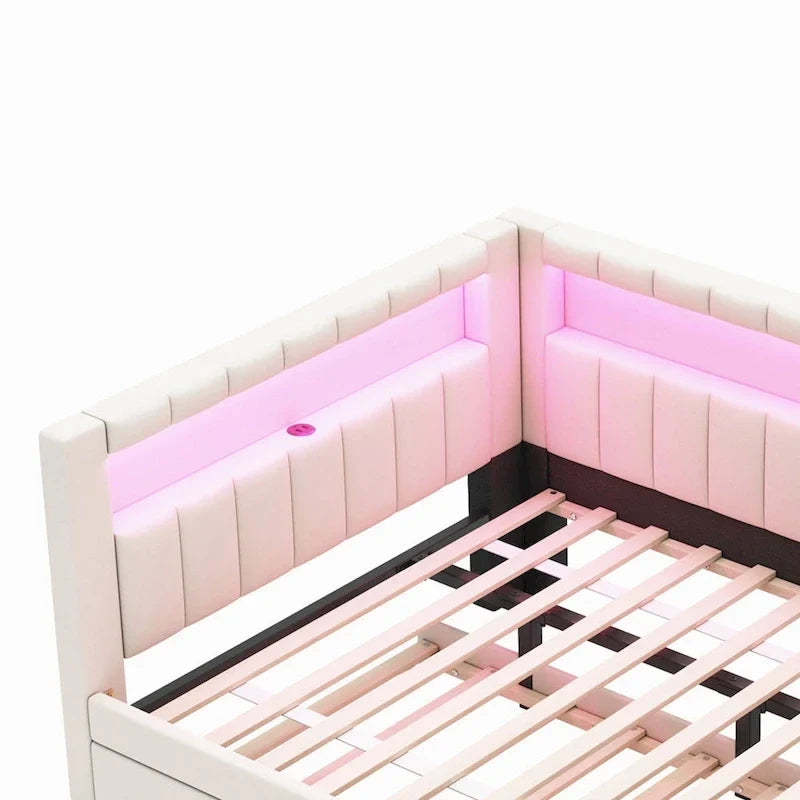 Gepolstertes Plattformbett mit USB-Anschlüssen & LED-Beleuchtung – Einzel-/Doppelbettgestell mit 2 Schubladen – Modernes Schlafzimmer