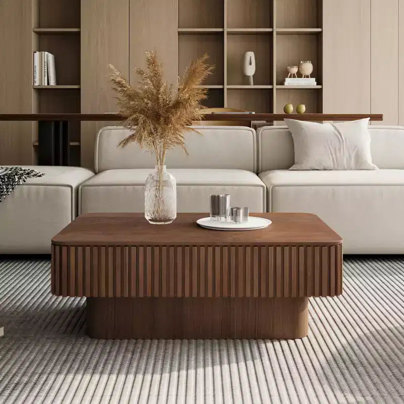 JVNOXK 38.6'' Geriffelter Couchtisch mit Stauraum und Liftfunktion, Massivholzfurnier Höhenverstellbarer Moderner Akzenttisch für Wohnzimmer, Schlafzimmer, Walnuss