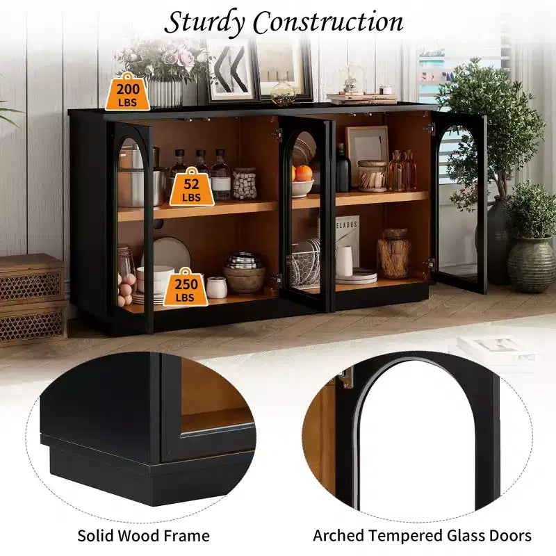 Großes 4-türiges Sideboard mit Glastüren, gewölbtes Sideboard mit verstellbaren Einlegeböden für die Küche