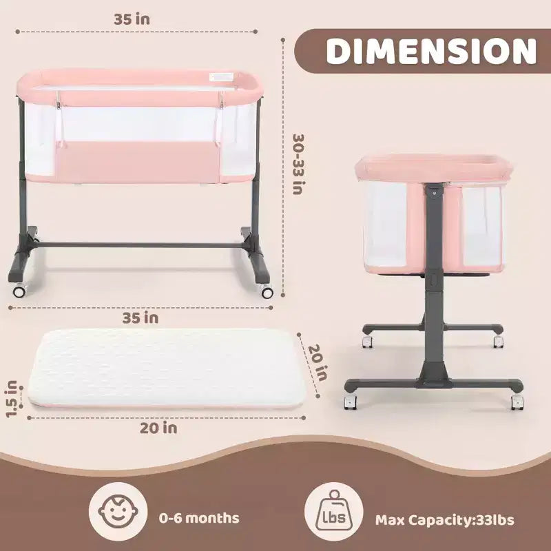 Baby-Beistellbett mit Rollen – Beige / Grau / Rosa, Bettschläfer, für 1 Baby