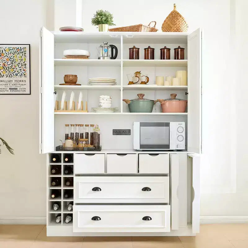 Whisen 180 cm hohe freistehende Küchenpantry, großer Esszimmer-Vorrratsschrank, Anrichte mit 4 faltbaren Türen, Einlegeböden, Weinregalen